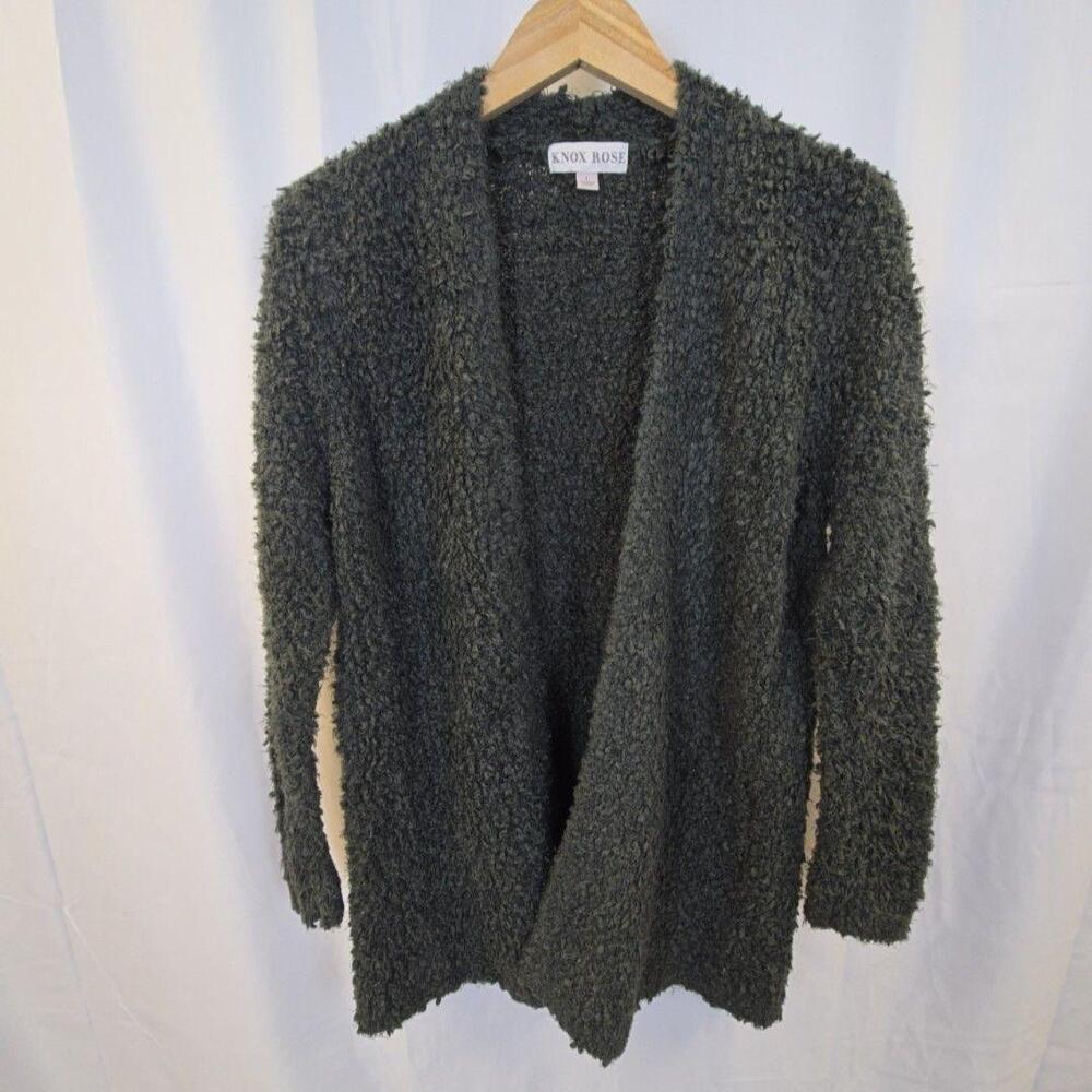 Knox Rose Sweater Cardigan Womens Large Green Open Front Fuzzy Knit Long Sleeve